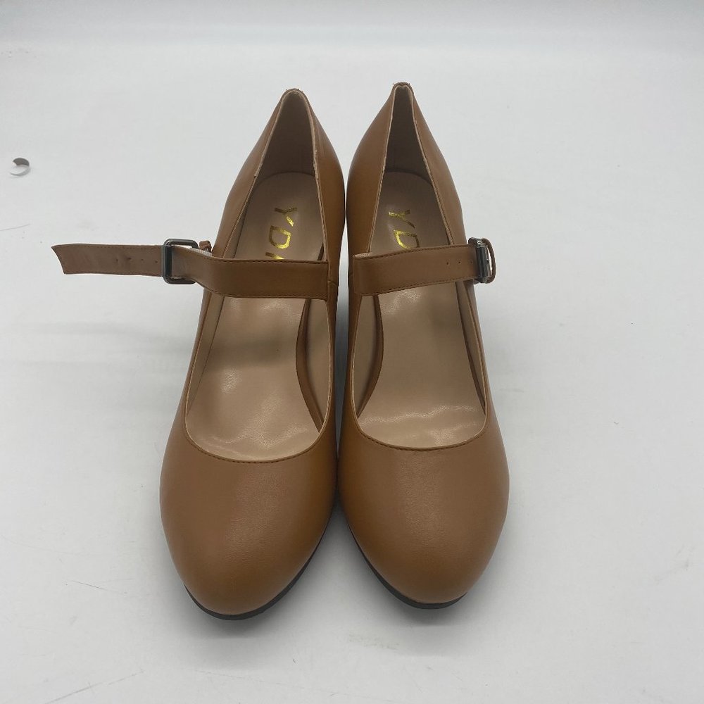 YDN tan round toe wedge mary jane heels vintage shoes